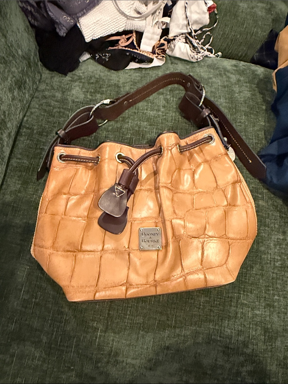 Dooney & Bourke Tan Croc-Embossed Drawstring Shoulder Bag with matching wallet